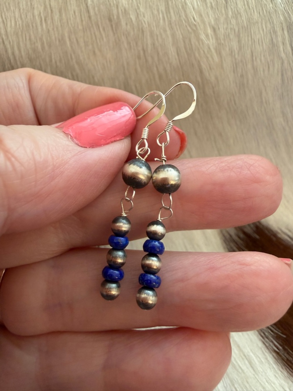 ❤️ Native Artisan Lapis Luzuli Navajo Desert Pearls Sterling Dangle Earrings USA - Picture 3 of 8